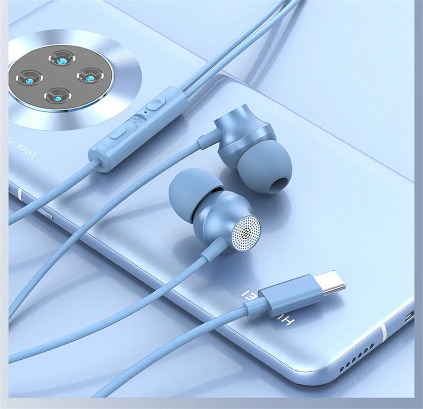 In-Ear Wired Earphones 3.5mm Round Mouth Type-C Flat Mouth Earphones Metal Heavy Bass Sport Earbuds Blue/Pink/White/Black ﻿