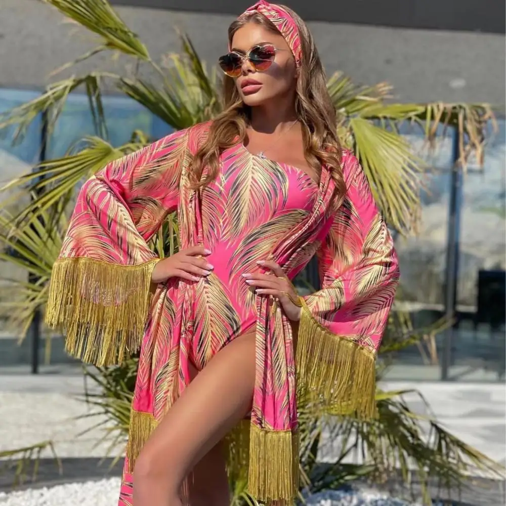 Nadanbao Tropical Leaf Printing One-Piece Swimsuit Women Swimwear One Shoulder Sexy Bodysuit Female Long Sleeve Fringe Set