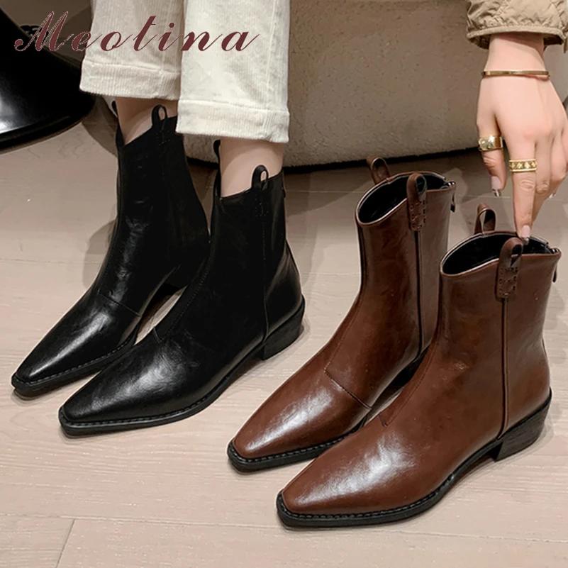 

Meotina Women Genuine Leather Ankle Cowboy Boots Pointed Toe Thick Mid Heel Zipper Western Short Boot Ladies Shoes Autumn Winter