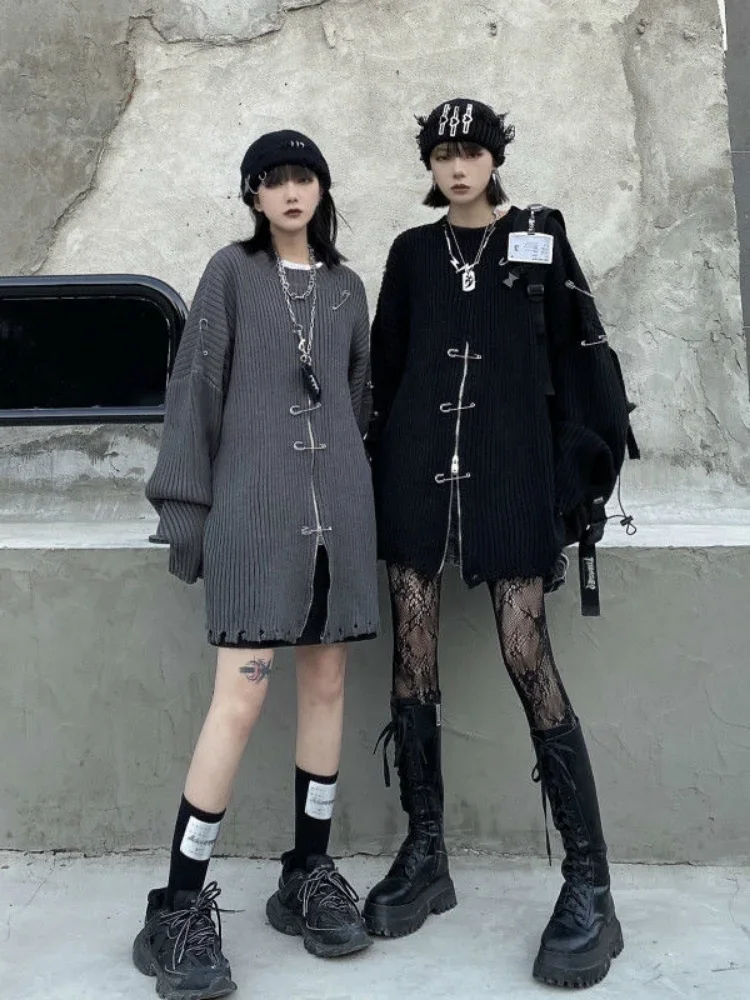 QWEEK-Camisolas de malha Harajuku gótica feminina com zíper, streetwear da moda coreana, top de malha punk gótica, outono, 2022