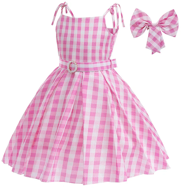 Margot Cosplay Princess Dress For Summer Kids Carnival Cosplay Halloween Costumes Girls Birthday Party Pink Plaid Dress