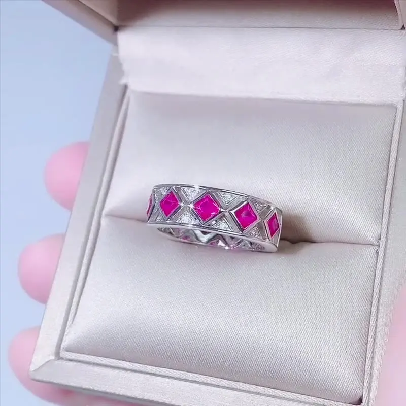 New fashion trend S925 silver inlaid 5A zircon ruby full of diamonds Hao inlaid row ring closed ring ladies