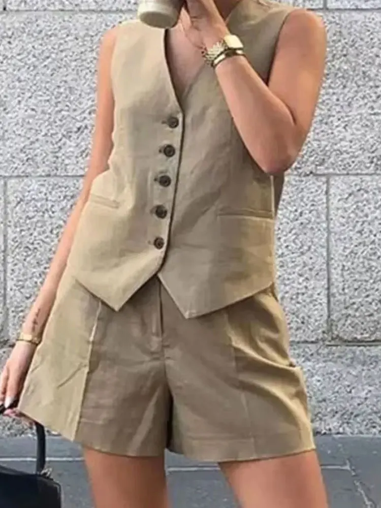 HH Causale Lino Solid Gilet per le donne 2024 Estate senza maniche con scollo a V monopetto Office Lady Fashion Gilet di lino Top