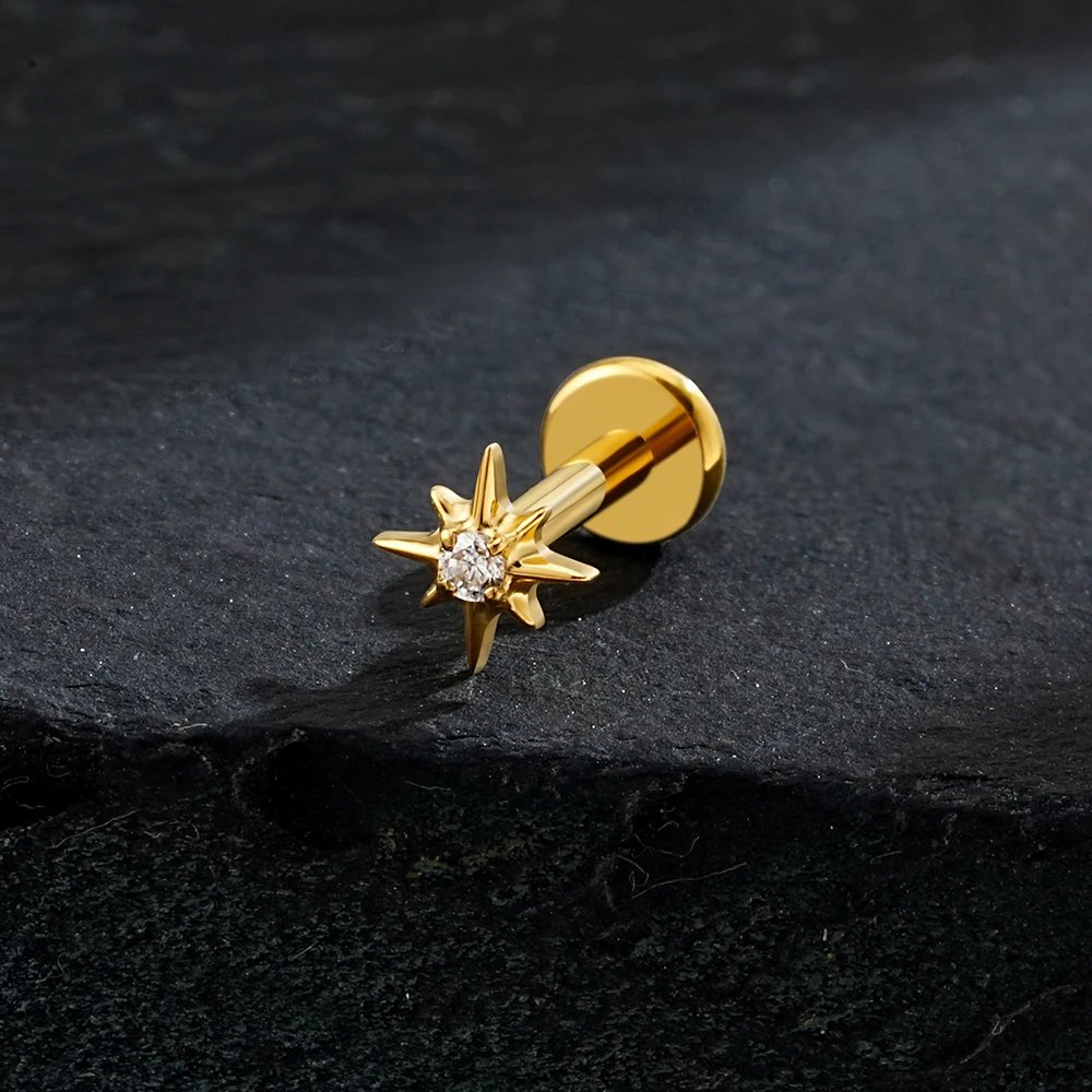 Right Grand ASTM F136 Titanium CZ North Star Flat Back Earring 16G Tiny Starburst Helix Cartilage Stud Dainty Earlobe Mesusa Labret Lip Stud Piercing Jewelry