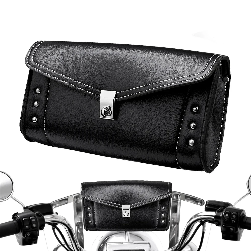 Motorcycle Windshield Bag Windscreen Studded Pouch Universal for Road King Softail 1995-2024 Leather Waterproof Storage Tool Bag