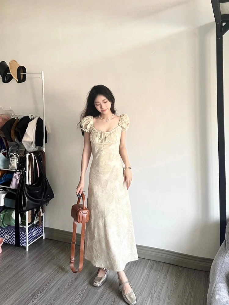 Ele Gentle Sle col carré Dr femmes a-ligne jupe longue minceur taille conception trajet printemps été ort Sve