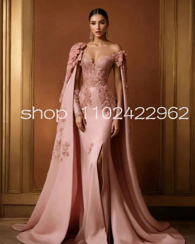 Pink 2025 customsized Mermaid Evening Celebrity Dress with Long Sleeve Cape Applique Floral Sexy Slit Arabic Prom Gown Caftan