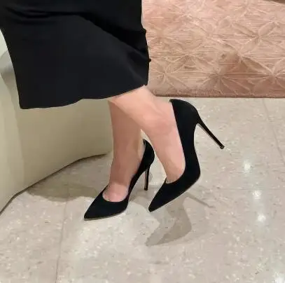 Classic Women Black Suede Pointed Toe Shallow Slip On Pumps Female 8 10 12 CM Stiletto Heel Party Dress Shoes Office Lady Shoes