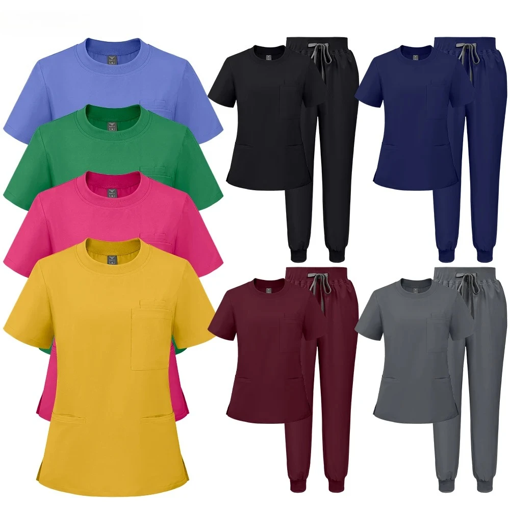 two-piece-frosted-solid-color-chef-uniform-men's-doctor-nurse-work-uniform-half-zip-short-sleeved-top-and-pants-clinic-uniform