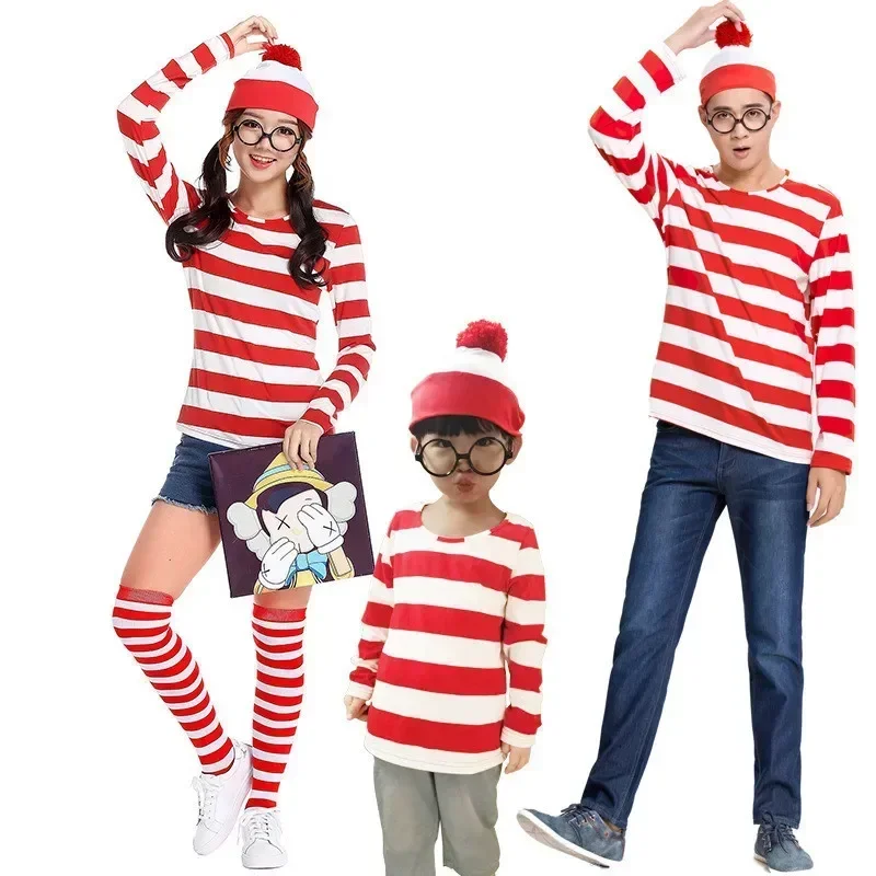 

Christmas Outfit Parent-child Wheres Wally Costumes Adult Child Anime Waldo Cosplay Game Uniform Red Stripe Shirt Hat Glasses