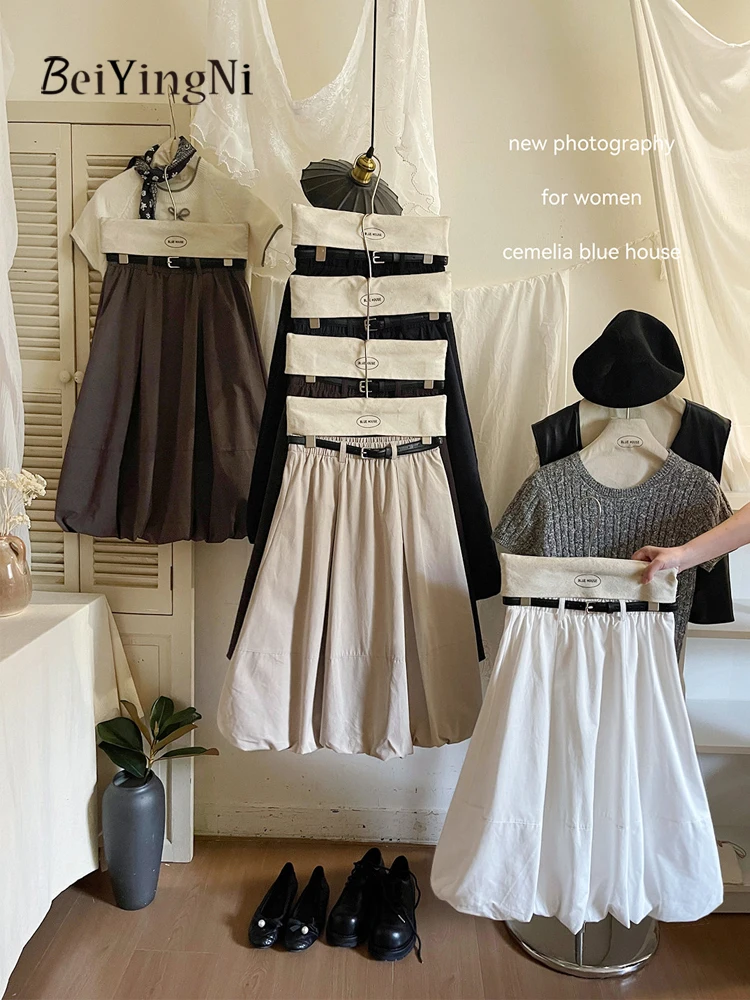 Beiyingni High-end Tutu Skirts Women Belted 2026 Autumn Elegant Elastic Waist A-line Skirt Girls Plain Street Knee-length Faldas
