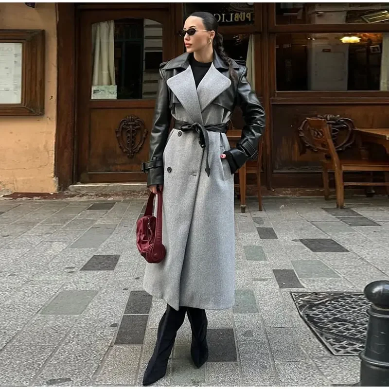 Lange Wollmäntel mit Paneelen und Gürtel, Damen, Streetstyle, Revers, lange Ärmel, Knopfleiste, lockere Jacken, Herbst, schick, neue warme Oberbekleidung – Detail 35