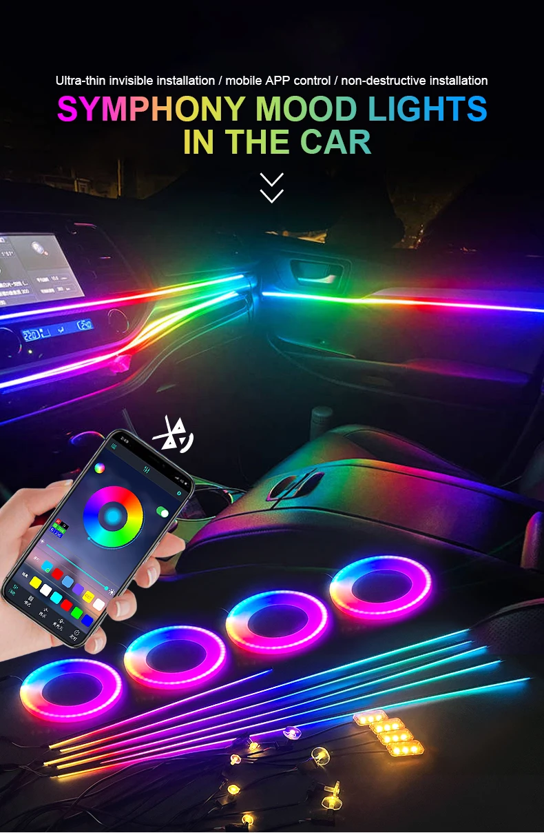 18 in 1 64 Farben RGB Symphony Auto Umgebungslicht Innenraum Acrylführung LED-Streifen Licht Dekoration Atmosphärenlampe durch APP-Steuerung – Detail 1