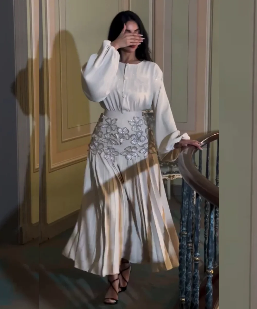 

Customized Elegant Jersey Pleat Sequined Pattern A-line O-Neck Midi Celebrity Bespoke Occasion Evening Dresses Sparkle