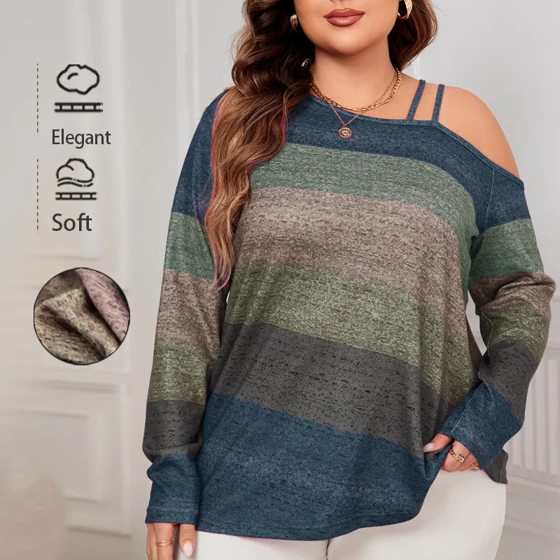 

Women's Plus Size Blue Stripe Cold Shoulder Thin Strap Long Sleeve Loose Fit Casual Daily Fashion T-shirt Top
