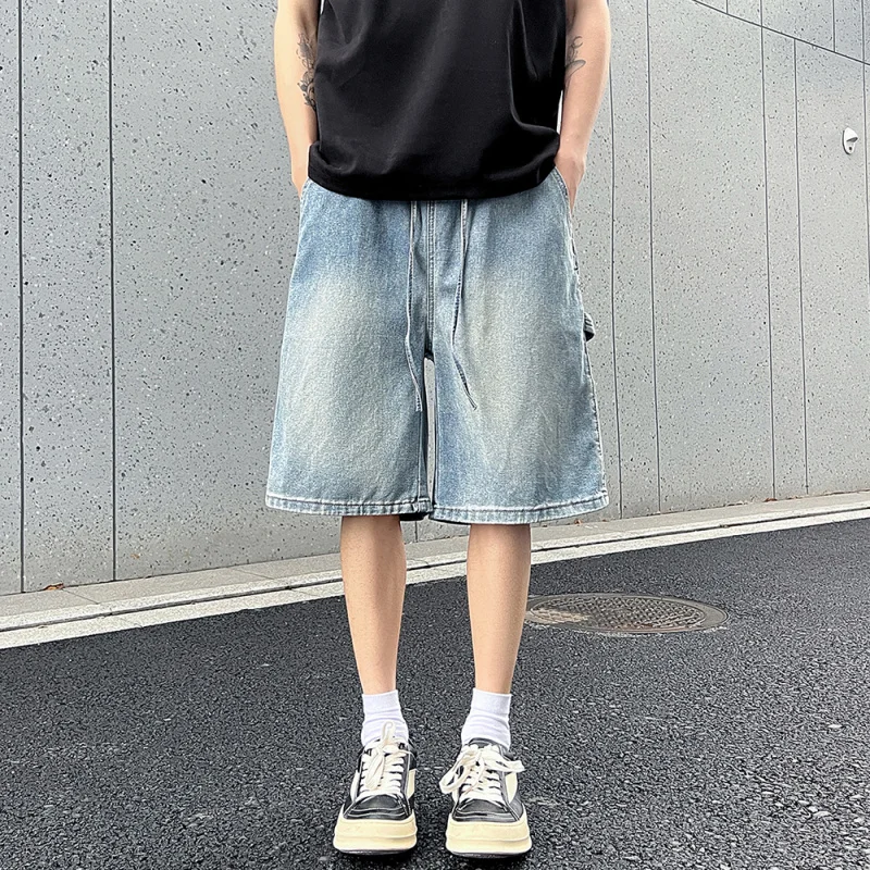 Pantalones cortos de mezclilla lavados para hombres, pantalones cortos casuales de longitud media con cintura elástica y ajuste suelto