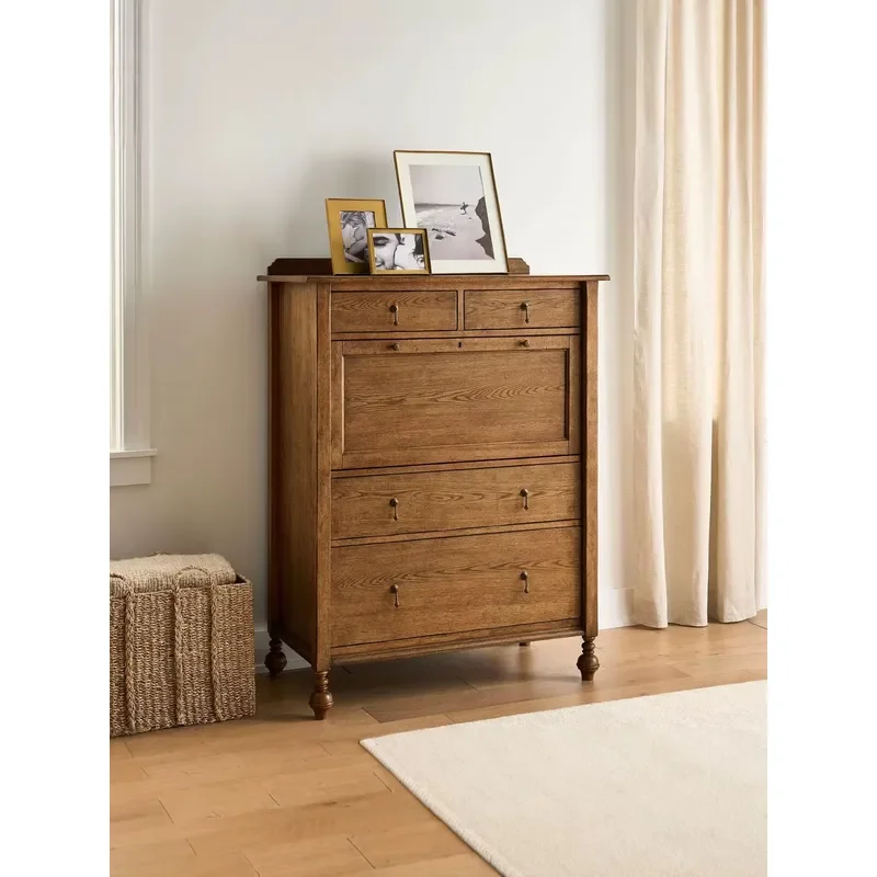 French Retro Style Five Drawer Cabinet Solid Wood Folding Storage Unit For Living Room Decorative Furniture Home Organization