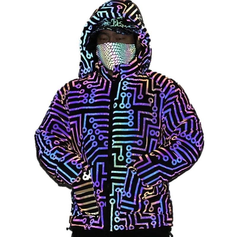 Chaqueta acolchada de algodón reflectante con patrón de circuito colorido para hombre, ropa de trabajo gruesa y suelta, invierno, 2024