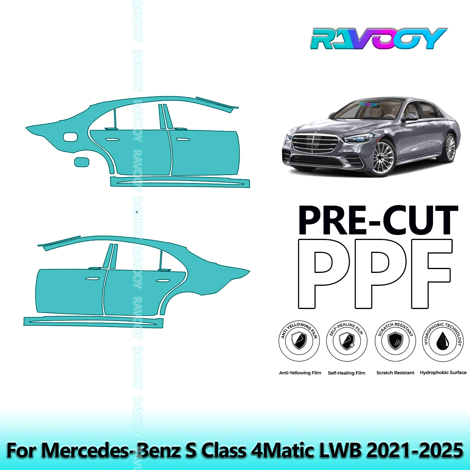 

For Mercedes-Benz S Class 4Matic LWB 2021-2025 8.5mil Pre-Cut PPF Door & A/B Pillar Kit TPU Paint Protection Film Set