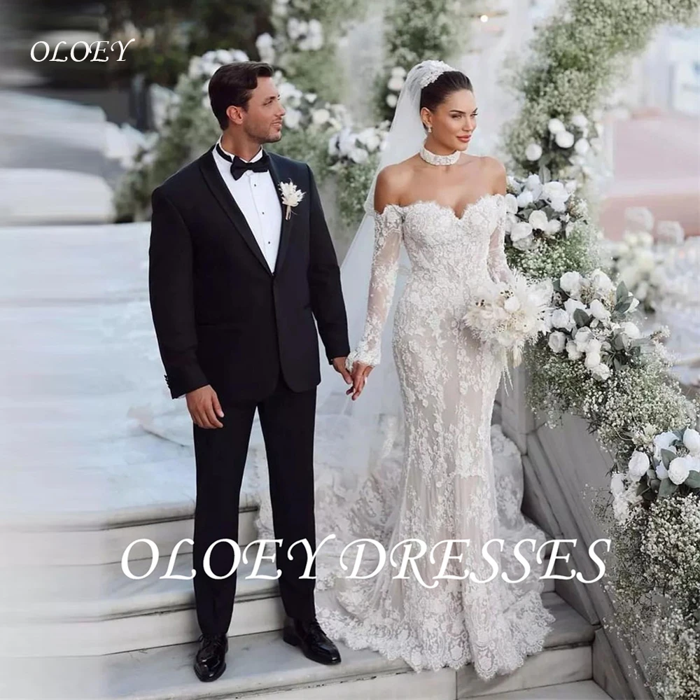 OLOEY Elegant Lace Off Shoulder Mermaid Wedding Dresses Long Sleeves Sweetheart Sweep Train Church Luxury Bride Gowns Customized