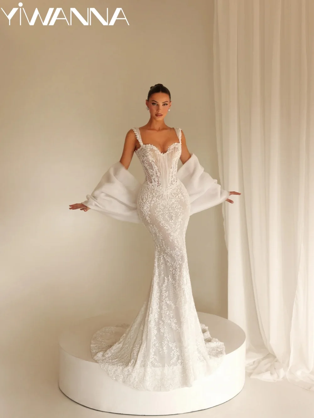 

Dreamy Beaded Appliques Wedding Dress With Shawl Opulent Thin Straps Bridal Gown Customized Elegant Mermaid Dresses For Bride