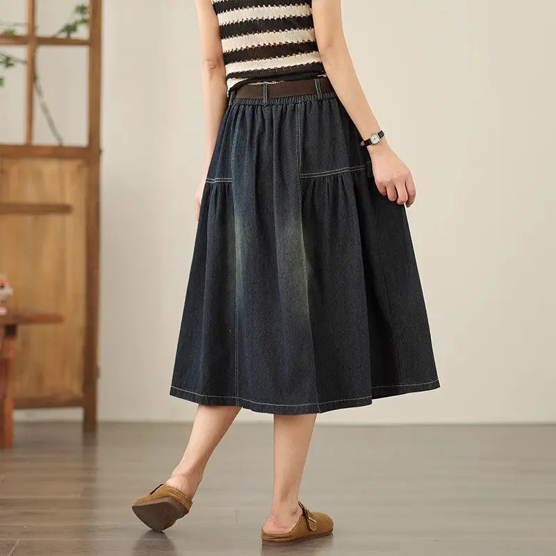 Jupe trapèze en Denim rétro artistique pour femmes, taille haute, extensible, décontractée, Vintage, avec ceinture réglable, été 2025, G707