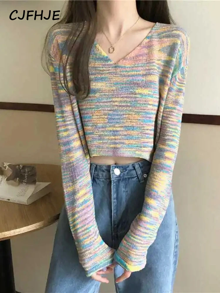 CJFHJE New Rainbow Color Crop Knitted Sweaters Women Autumn Chic Long Sleeve Short Pullovers Woman Korean V Neck Jumpers Female