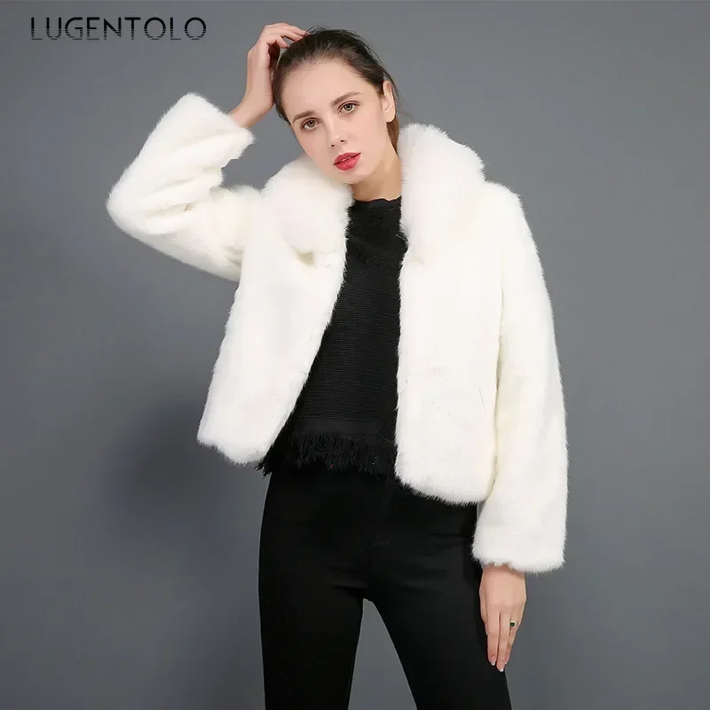 

Women Short Faux Fur Warm Coat Fur Collar Autumn Winter Fashion Lady Elegant Smooth Comfortable Jacket Solid Outwear