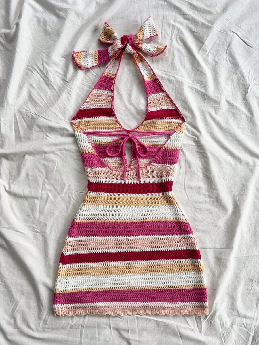 

Womens Plus Size Pink Striped Crochet Halter Backless Bodycon Vacation Dress