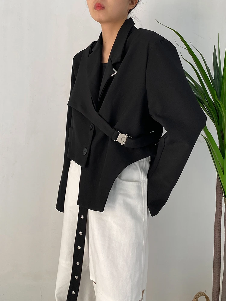 [EAM]  Women Black Irregular Ribbon Short Big Size Blazer New Lapel Long Sleeve Jacket Fashion Tide Spring Autumn 2024 1DF0335