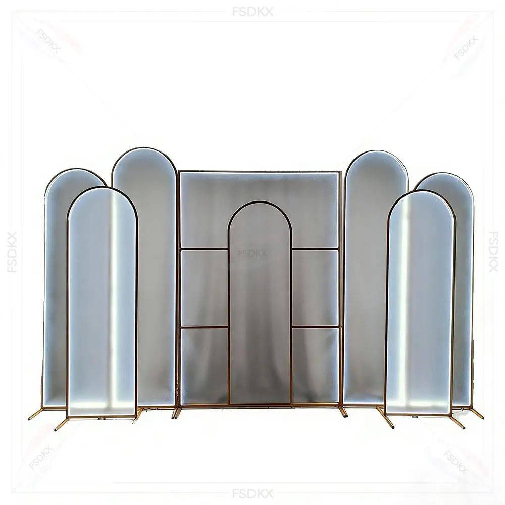 

FSDKX Party Stage Decoration Setup Polycarbonate Panel Cover White Metal Stands Led Light Backdrop Wedding Arch