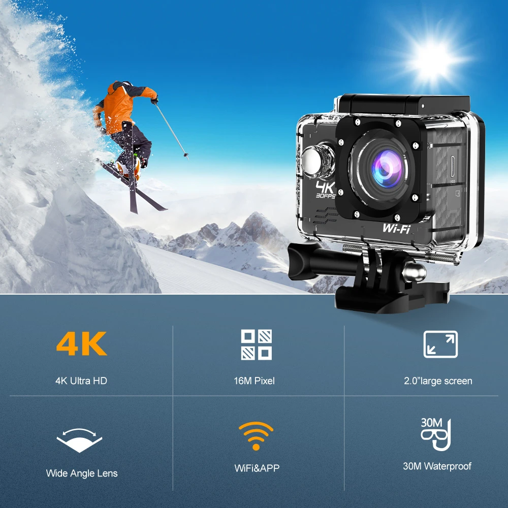 4K 30FPS Action Camera 2.0'' Screen 30M Waterproof Cameras Bicycle Helmet Video Recording Cameras WiFi Outdoor Sport Mini Camera