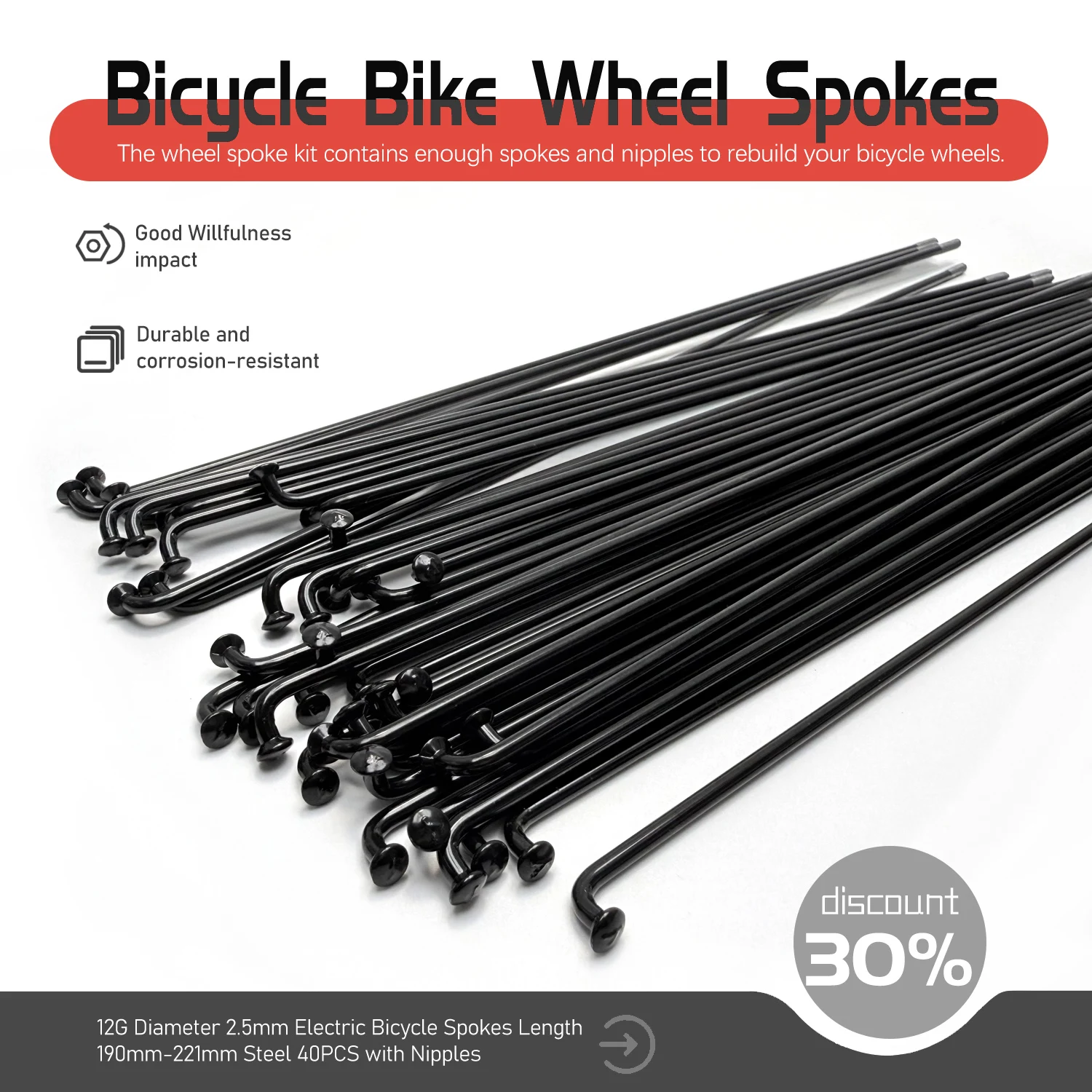 

40pcs Bicycle Spokes Bike Wheel Spokes 12G Length 190mm 196mm 200mm 206mm 210mm 212mm 218mm 220mm 221mm 240mm Carbon Steel Black
