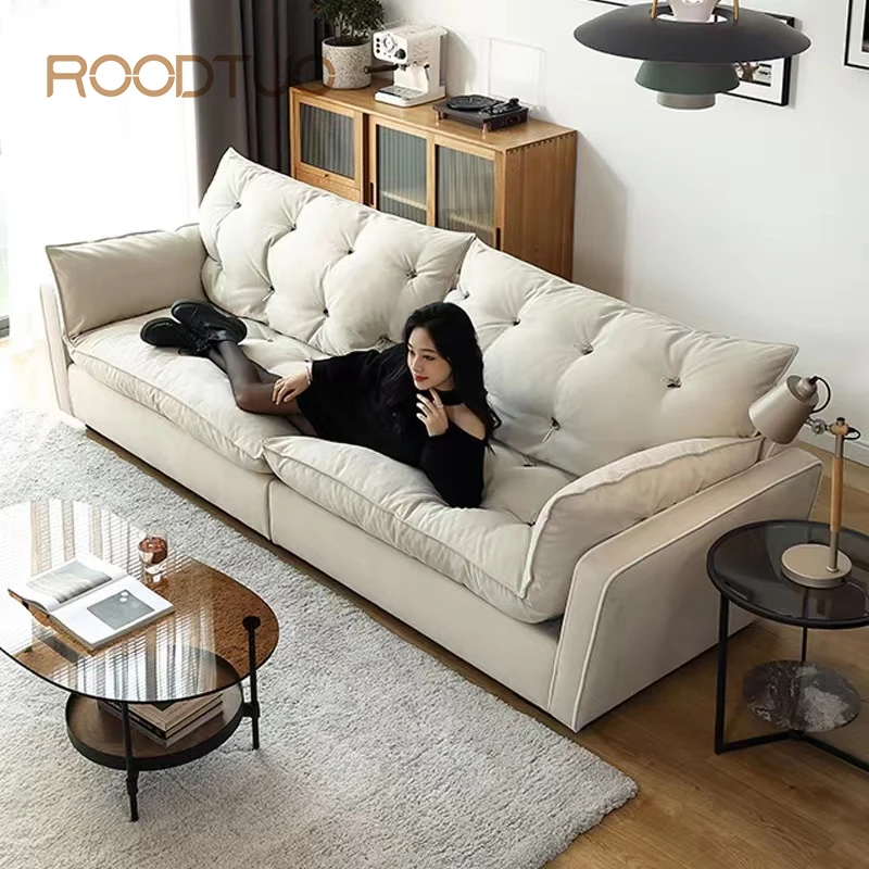 Technical Fabric Sofa Home Furniture Nordic Living Room Modern Simple Wabi-Sabi Style Small Apartment Beige Down Suede Sofa