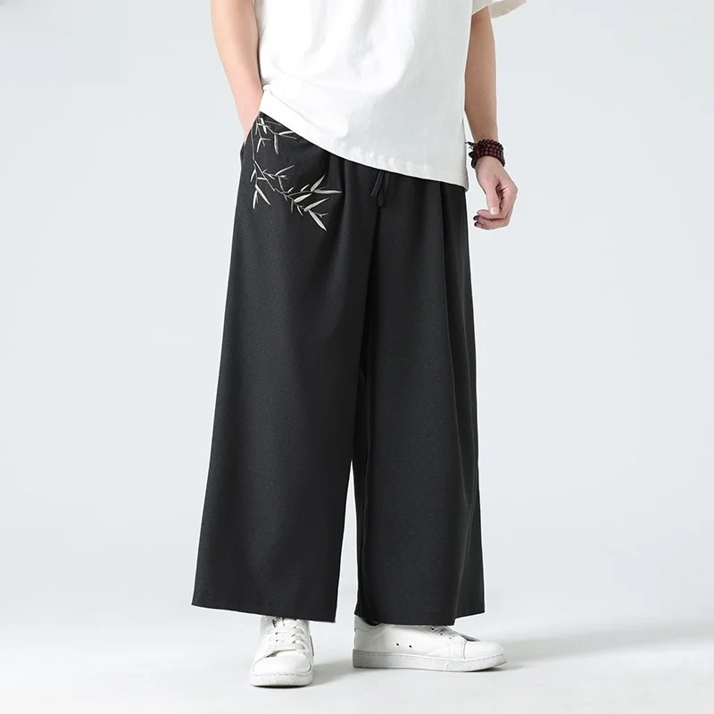 

New Chinese Sle Bamboo Embroidery Loose Casual Wide Leg Pants Men Summer Ice Silk Straight Leg Trousers Hanfu Ethnic Wear