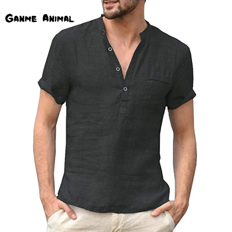 Summer Fashion Cotton Linen Casual T-Shirts Casual Male Short Sleeve V-Collar Breathable Men\'s Tee Button-up T S-5XL