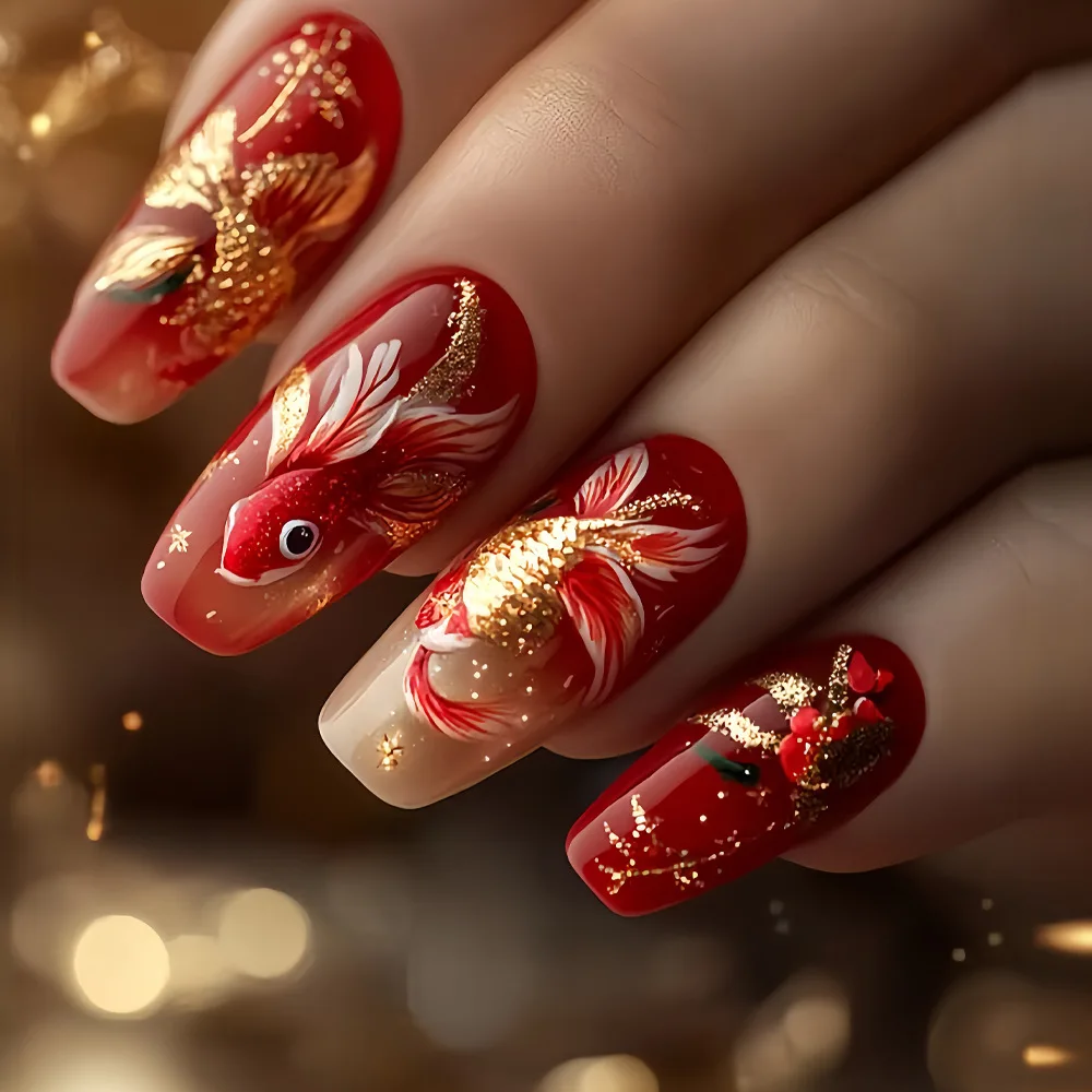 24 قطعة التابوت الأحمر رسومات أظافر صناعية اضغط على أظافر الباليه متوسطة الطول زهرة غطاء كامل مسمار نصائح Datachable موضة مجموعات الأظافر وهمية