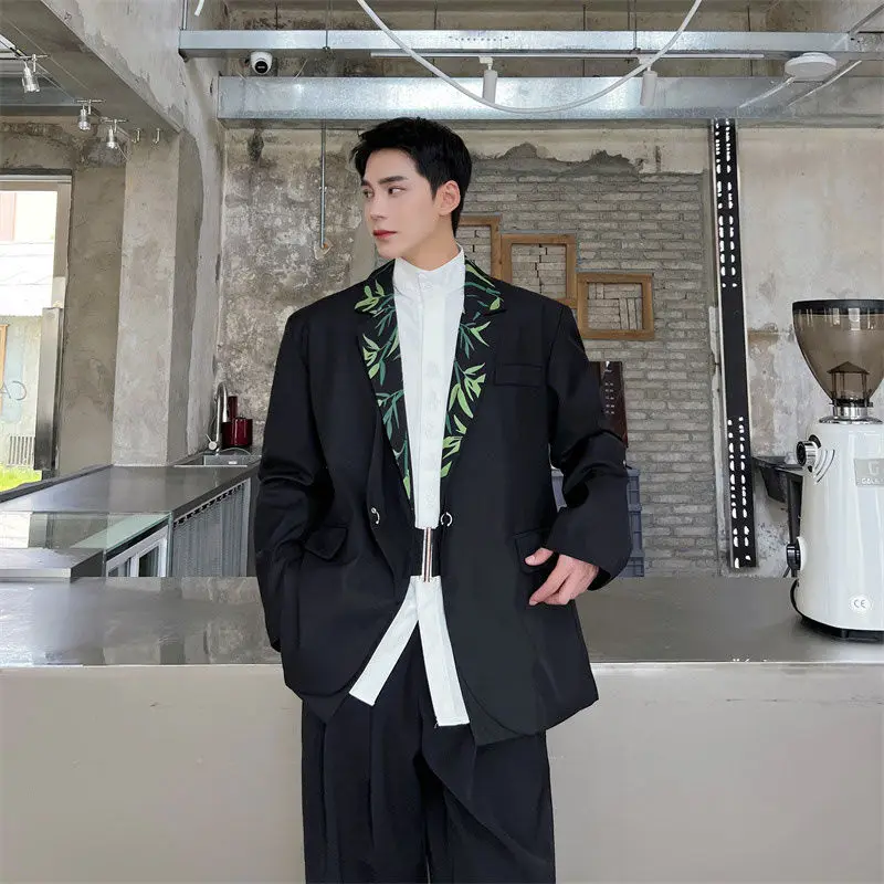 4-B1  2023 autumn new style new Chinese style suit green bamboo print design rendy brand handsome personality suit jacket men