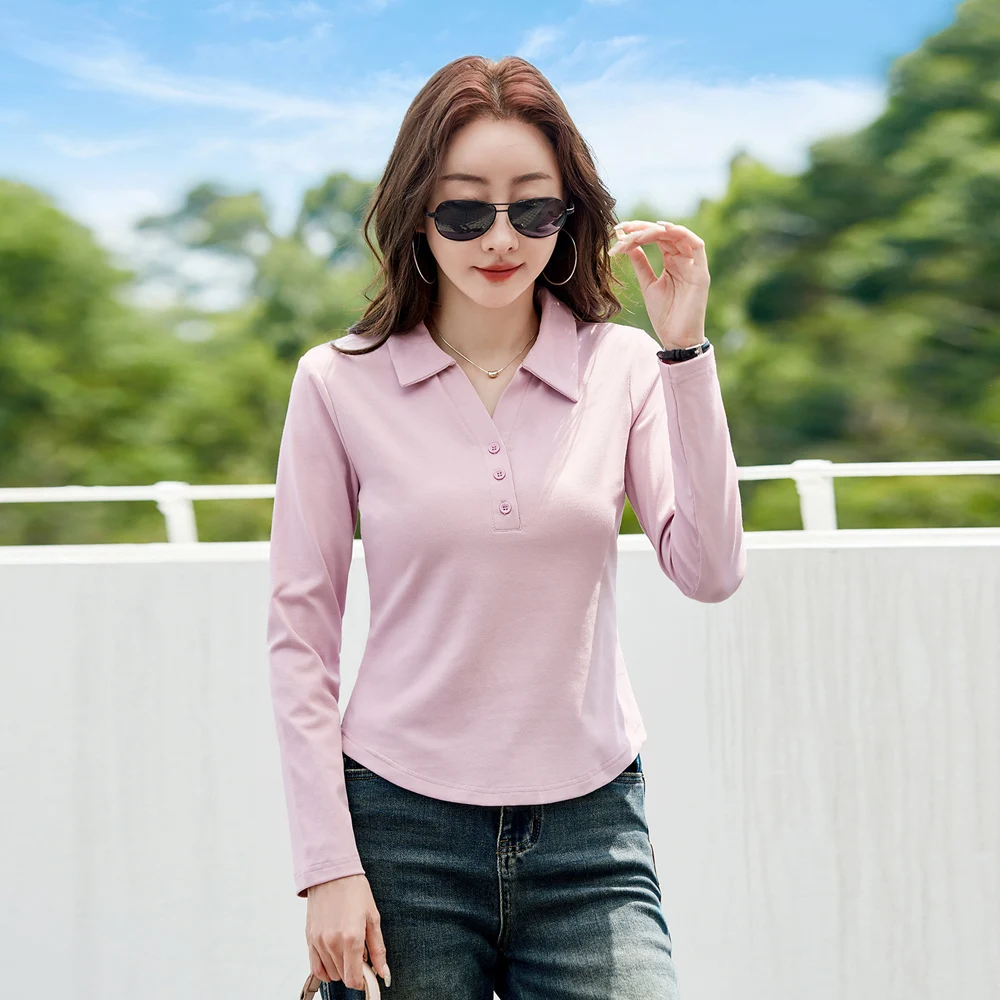 

Korean style pink lapel T-shirt women's long sleeved spring and autumn new style high-end cotton fashionable plus size casual to