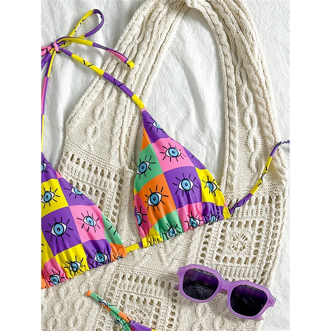 Buntes, bedrucktes Halter-Bikini-Set für Damen, zweiteiliger Badeanzug mit hohem Beinausschnitt, Badebekleidung, Badeanzug, Modell V7230. – Detail 13