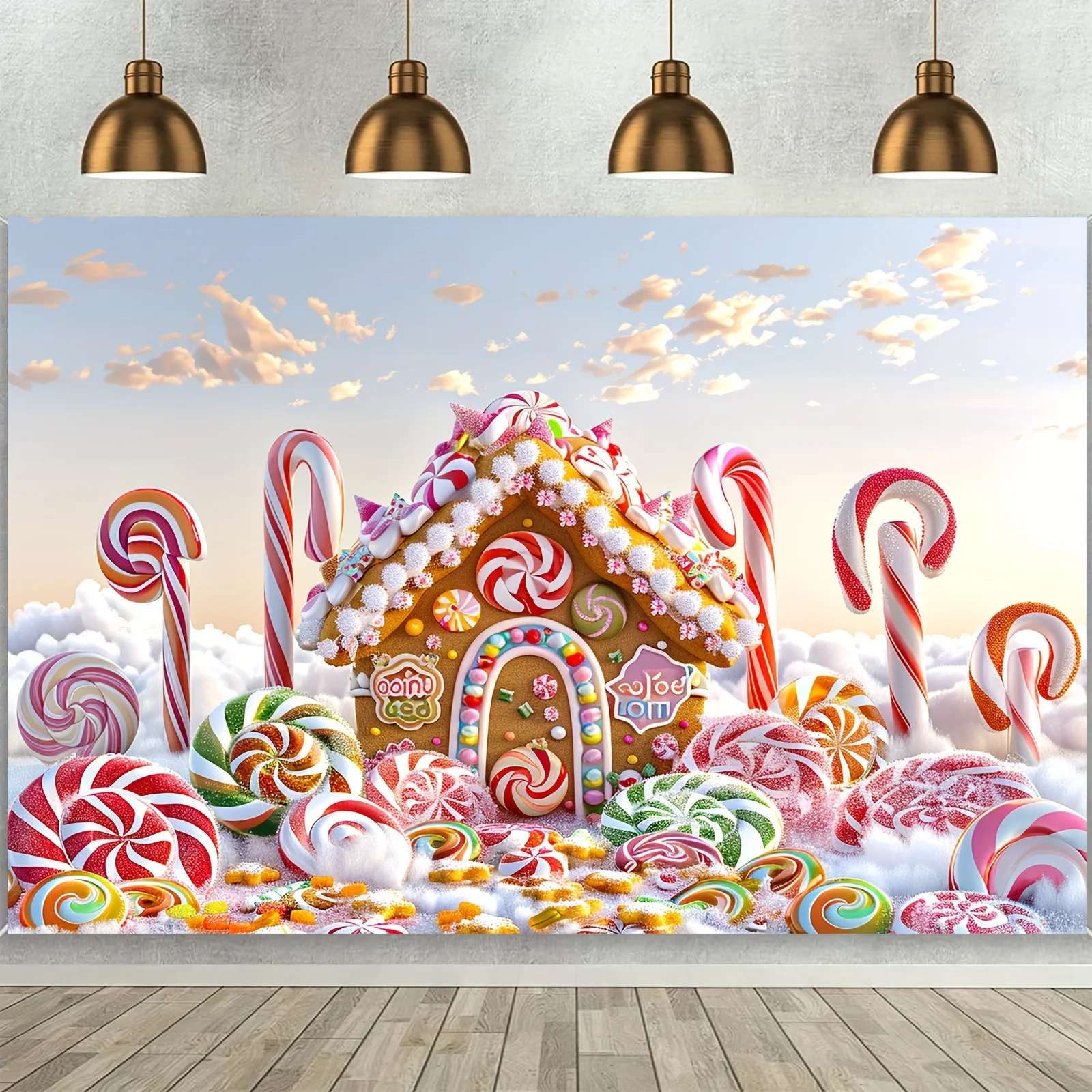 1 piece of vibrant gingerbread house background - candy cans, lollipops, Christmas party decoration, photography background