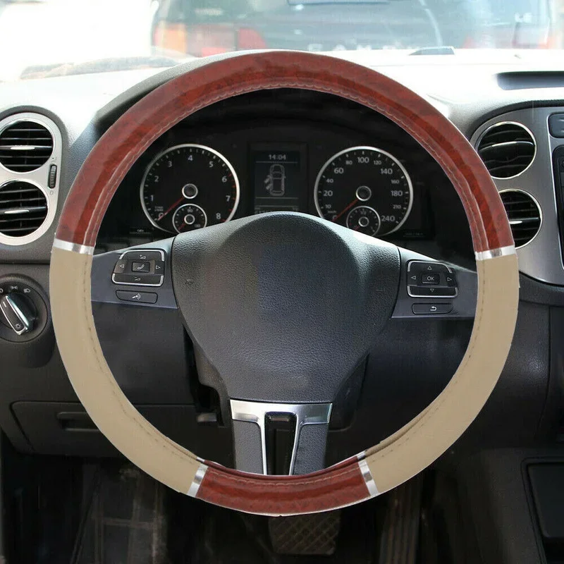 Universal 38cm Auto Steering Wheel Cover Wood Grain Hand Sewing Leather Non-slip Wear Resistant Fashion DIY Car Interior Styling