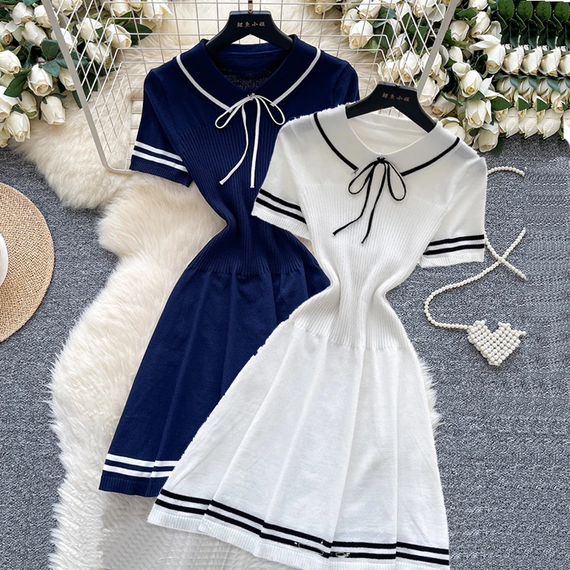 Neue Sommer Frauen Sailor Kragen Kurzarm Gestrickte Kleid Sommerkleid Bogen Spitze Up Elatic Bodycon Bleistift Vestidos Kurzes Kleid