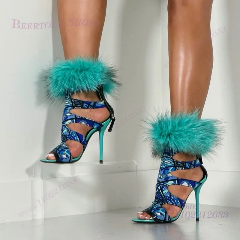 

Dark Blue Sandals Canvas Graffiti Pattern Feather Sexy Colorful Stiletto Heels Open Patchwork Ribband Zipper Round Casual Shoes