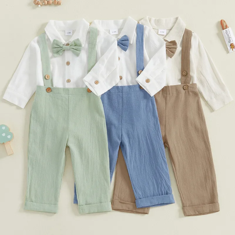 RUEWEY 0 to 18 Months Baby Boys Pant Sets Spring Autumn Clothes Long Sleeve Lapel Button Up Bodysuit Solid Color Suspender Pants