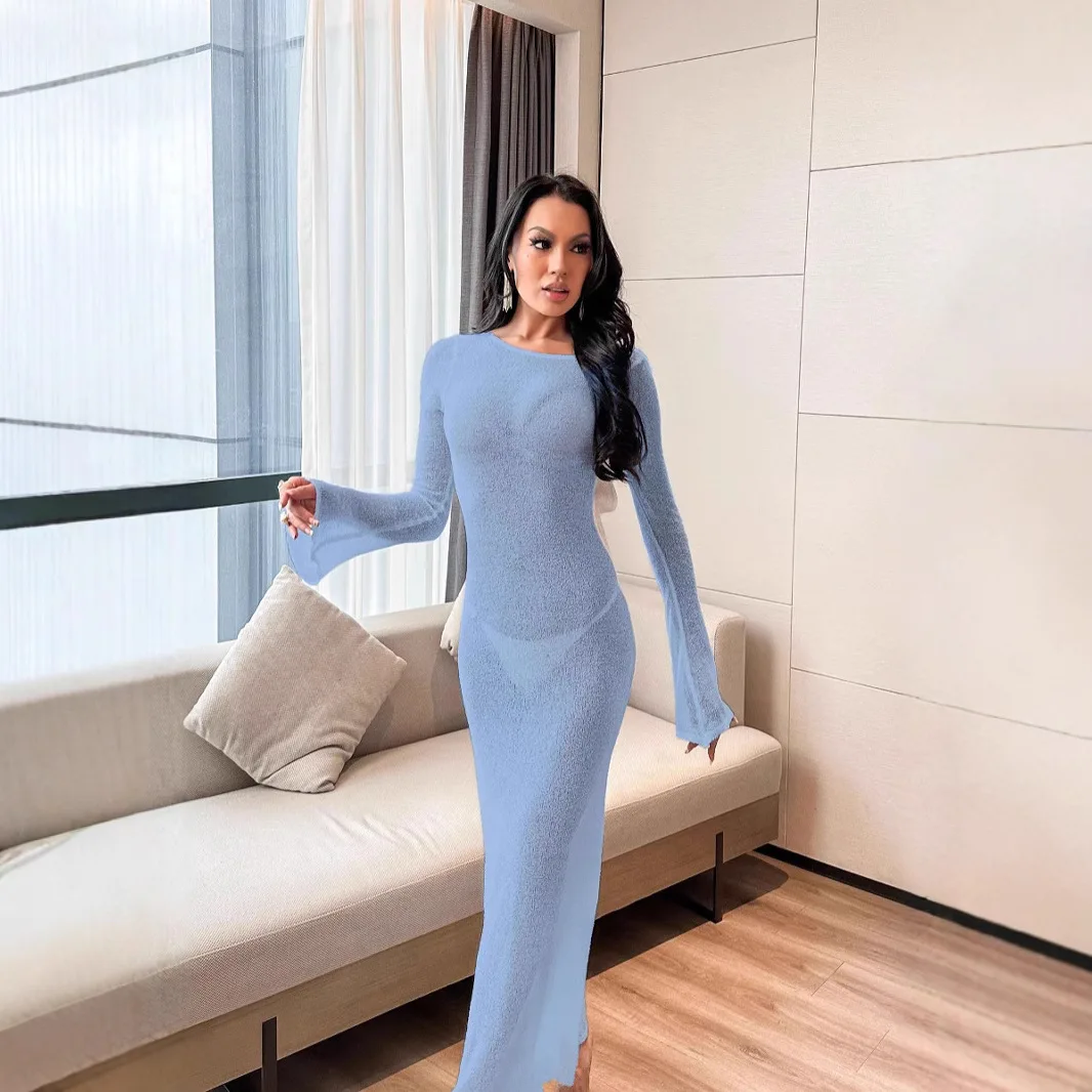 2025 New Beach Sunscreen Cover Up Long Sleeve Backless Slim Fit Dress Women Summer Solid Color Multi Size Options