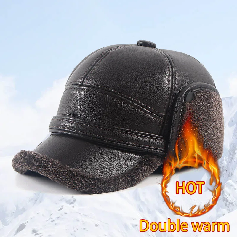 Men's Winter Earflap Hat Ushanka Outdoor 2024 Keep Warm Pu Leather Faux Fur Baseball Cap Russian Bomber Hat Man Black Snow Caps