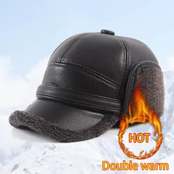 Men's Winter Earflap Hat Ushanka Outdoor 2025 Keep Warm Pu Leather Faux Fur Baseball Cap Russian Bomber Hat Man Black Snow Caps