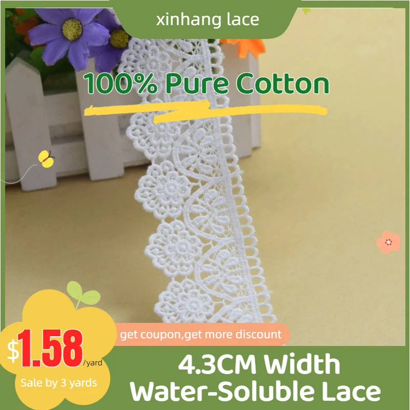 

3yards 4.3cm white lace cotton embroidery lace french lace ribbon fabric guipure diy trims warp knitting sewing Accessories#3686