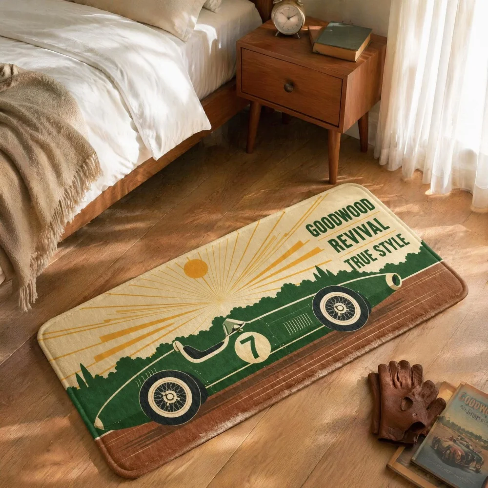 Flannel Long Floor Mat, Vintage Race Car Print Non Slip Rectangular Doormat Classic Motorsport Style Bedroom Living Room Rug